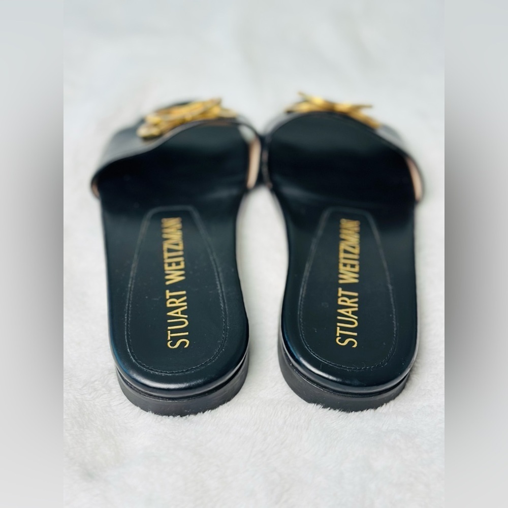 Stuart Weitzman Caicos Black Slide Sandals with Gold Accent - Picture 3 of 5